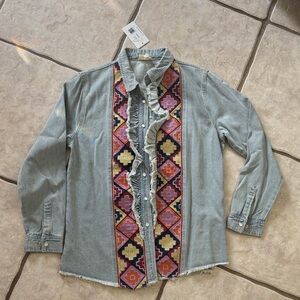 Women's Denim Button Down Shirt with Colorful Pattern